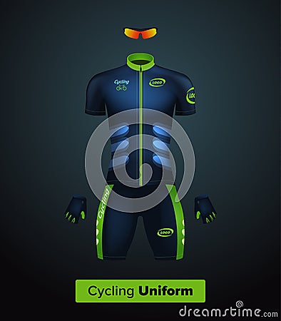 Realistic cycling uniform template. Blue and green. Branding mockup. Stock Photo