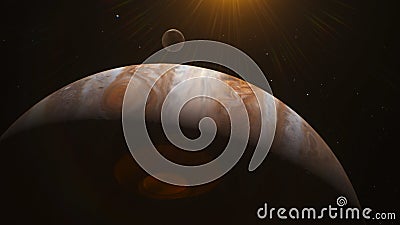 Illustration Realistic 3D animation of Jupiter and its moon Stock Photo