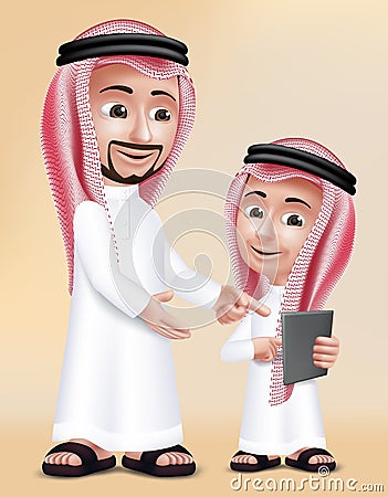 Realistic 3D Arab Teacher Man Character Teaching Boy Vector Illustration