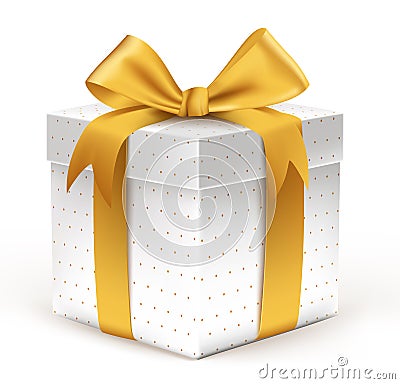 Realistic 3D Beautiful White Gift with Colorful Gold Ribbons Vector Illustration