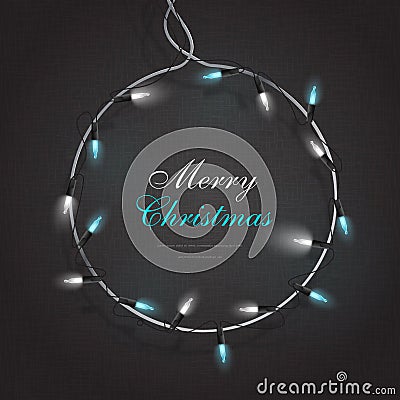 Realistic 3d black circle metallic frame with glowing blue string lights, christmas, new year and wedding celebration card backgro Vector Illustration