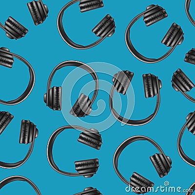 Realistic 3d Black Earphones Seamless Pattern Background. Vector Vector Illustration