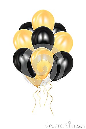 Realistic 3d black and golden ballons. Colorful glossy Ballon. Balloons isolated mockup for anniversary, birthday party. Design Vector Illustration