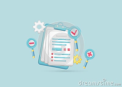 Realistic 3d clipboard, personal document, magnifying glass. Glossy 3d searching file in database, marketing, analytics, checklist Vector Illustration