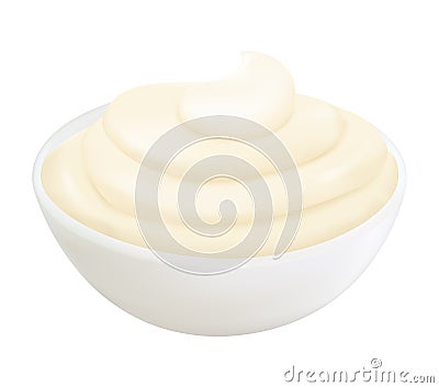 Realistic 3d creamy mayonnaise in small round bowl Vector Illustration