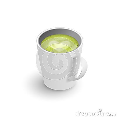 Realistic 3d cup of hot aromatic green Japanese tea matcha latte drink. A teacup isometric view isolated on white background. Vector Illustration