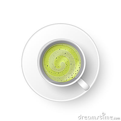 Realistic 3d cup of hot aromatic green Japanese tea matcha latte drink. A teacup top view isolated on white background Vector Illustration