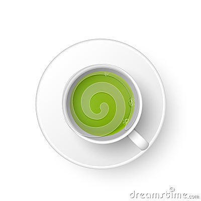 Realistic 3d cup of hot aromatic green Japanese tea matcha. A teacup top view isolated on white background. Vector Vector Illustration