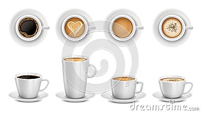 Realistic 3D cups of coffee. White ceramic cup of cappuccino, latte art and coffee shop promotion mockup isolated vector Vector Illustration
