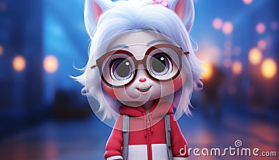 Realistic 3d cute and friendly white rabbit with big adorable eyes, wearing glasses, bunny character Stock Photo