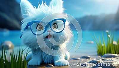 Realistic 3d cute and friendly white rabbit with big eyes and glasses, adorable pet animal character Stock Photo