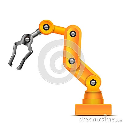 Realistic 3d Detailed Automated Yellow Robotic Hand Arm Machinery. Vector Vector Illustration