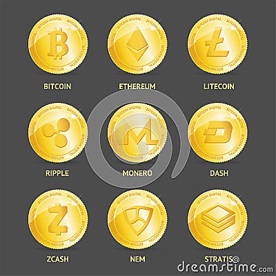 Realistic 3d Detailed Crypto Coins Set. Vector Vector Illustration