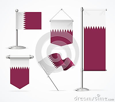 Realistic 3d Detailed Qatar Flag Banner Set. Vector Vector Illustration