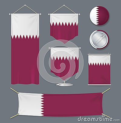 Realistic 3d Detailed Qatar Flag Banner Set. Vector Vector Illustration