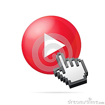 Realistic 3d Detailed Red Bubble Play Button with Pixel Hand Sign. Vector Vector Illustration