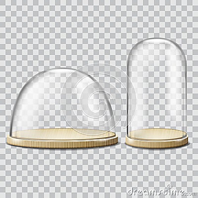 Realistic 3d Detailed Wooden Tray with Spherical Glass Cover Domes Set. Vector Vector Illustration