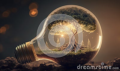 the lightbulb has a tree inside it environment and Earthday concept. Stock Photo