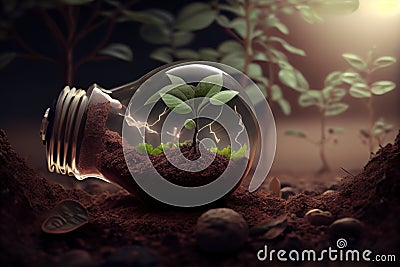 the lightbulb has a tree inside it environment and Earthday concept. Stock Photo