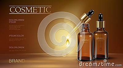 Realistic 3d essence bottle cosmetic ad. Oil droplet falling pipette. Treatment collagen vitamin serum. Brown Vector Illustration