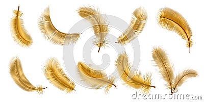 Realistic 3d fantasy bird fluffy golden feathers. Decorative gold glamour chic plume. Flying, falling and twirling soft Vector Illustration