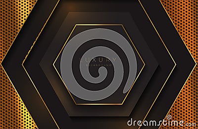 Realistic 3d futuristic frame background black gold geometric element. Vector golden geometry shape on black surface Vector Illustration