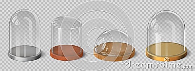 Realistic 3d glass domes with wooden, silver and gold tray. Crystal bell, cylinder and hemispherical exhibition case Vector Illustration