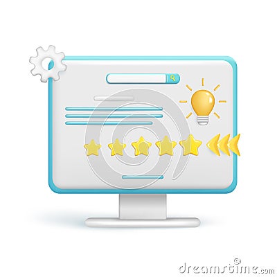 Realistic 3d glossy computer, rating feedback with stars, search bar. Customer 3d quality review, user rating, feedback score icon Vector Illustration