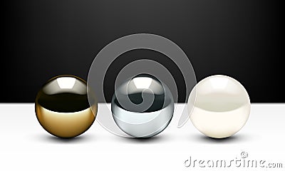 Realistic 3D Golden, Chrome Ball And Shiny Pearl Stock Photo