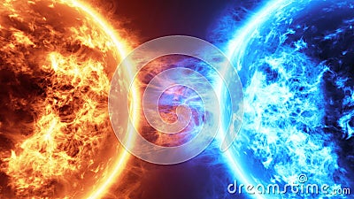 Realistic 3d illustration Fire Planet Vs Frozen Planet. Sun surface with solar flares against Frozen planet isolated on black Cartoon Illustration