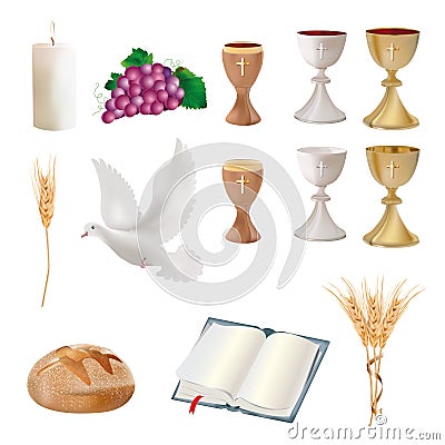 Set Isolated christian symbols - chalice, grapes, bread, bible, dove, candle, ears of wheat Cartoon Illustration