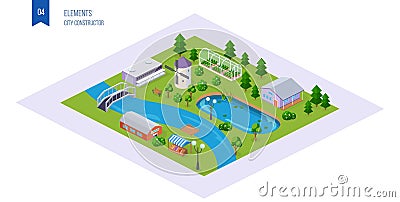 Realistic 3D isometric of country cottage area, with buildings. Vector Illustration