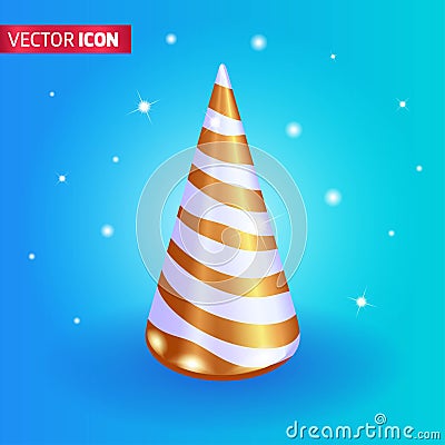 Realistic 3D Isometric illustration, Cartoon. Bright cone-shaped white Christmas tree with golden stripes on a beautiful Vector Illustration