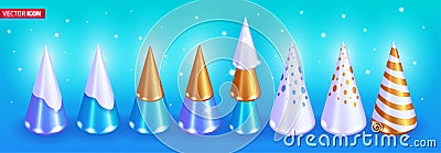 Realistic 3D Isometric illustration, Cartoon. Set of bright cone-shaped Christmas trees of different colors on a Vector Illustration