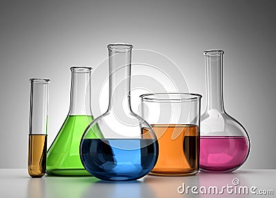 Realistic 3D Lab Equipment Test Tube, flask, beaker with colorful chemicals 3D Illustration Stock Photo