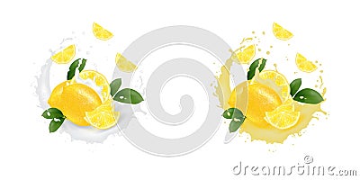 Realistic 3d Lemon fruit juice splash. Milk round splash. Design element. Packaging Vector Illustration