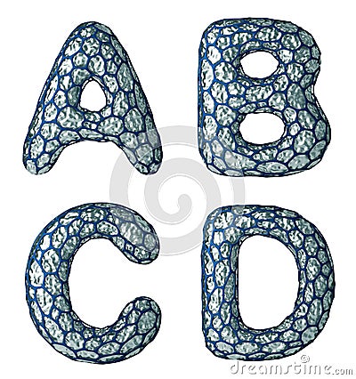 Realistic 3D letter set A, B, C, D made of silver shining metal . Stock Photo