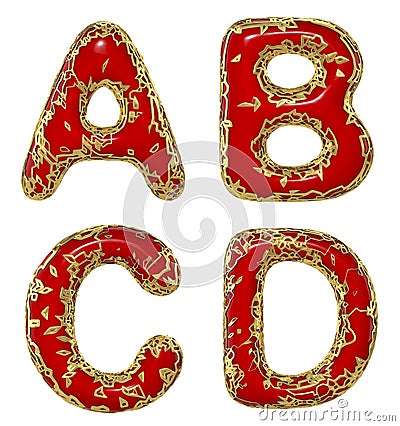 Realistic 3D letters set A, B, C, D made of gold shining metal letters. Stock Photo