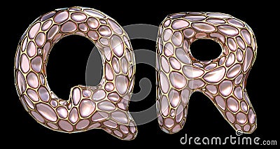 Realistic 3D letters set Q, R made of gold shining metal letters. Stock Photo