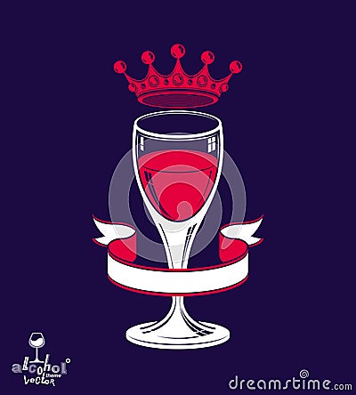 Realistic 3d luxury wineglass with king crown, alcohol theme Vector Illustration