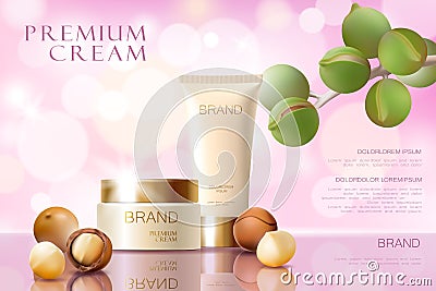 Realistic 3d macadamia nut oil cosmetic ad template. Light pink shiny serum cream mockup beauty skin care. Promotional Vector Illustration