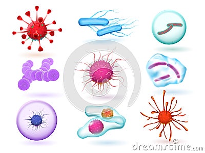 Realistic 3d microbiology bacteria, various virus, nature microorganism and science of microscopic viruses isolated Vector Illustration