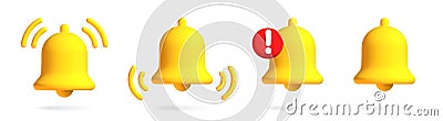 Realistic 3d notification yellow bell icon set. Vector Illustration