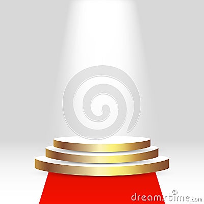 Realistic 3d pedestal mock up with empty space, red carpet and light. Background, platform, display for presentation Vector Illustration