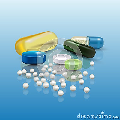 Realistic 3d pills. Pharmacy, antibiotic, vitamins, tablet, capsule. Medicine. Vector illustration of the Tablets and Vector Illustration