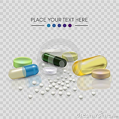 Realistic 3d pills. Pharmacy, antibiotic, vitamins, tablet, capsule. Medicine. Vector illustration of the Tablets and Vector Illustration