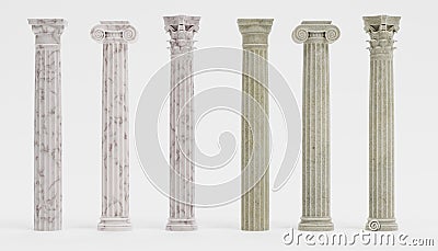 3d Render of Columns Doric, Ionic and Corinthian Stock Photo