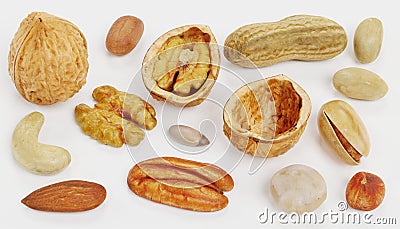 3D Render of Nuts Collection Stock Photo