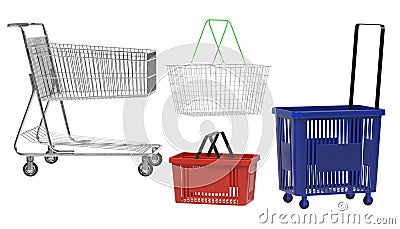 3D Render of Shopping Baskets and Carts Stock Photo