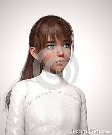 Realistic 3D rendered portrait of fictional dark skinned eastern girl with blue eyes Stock Photo